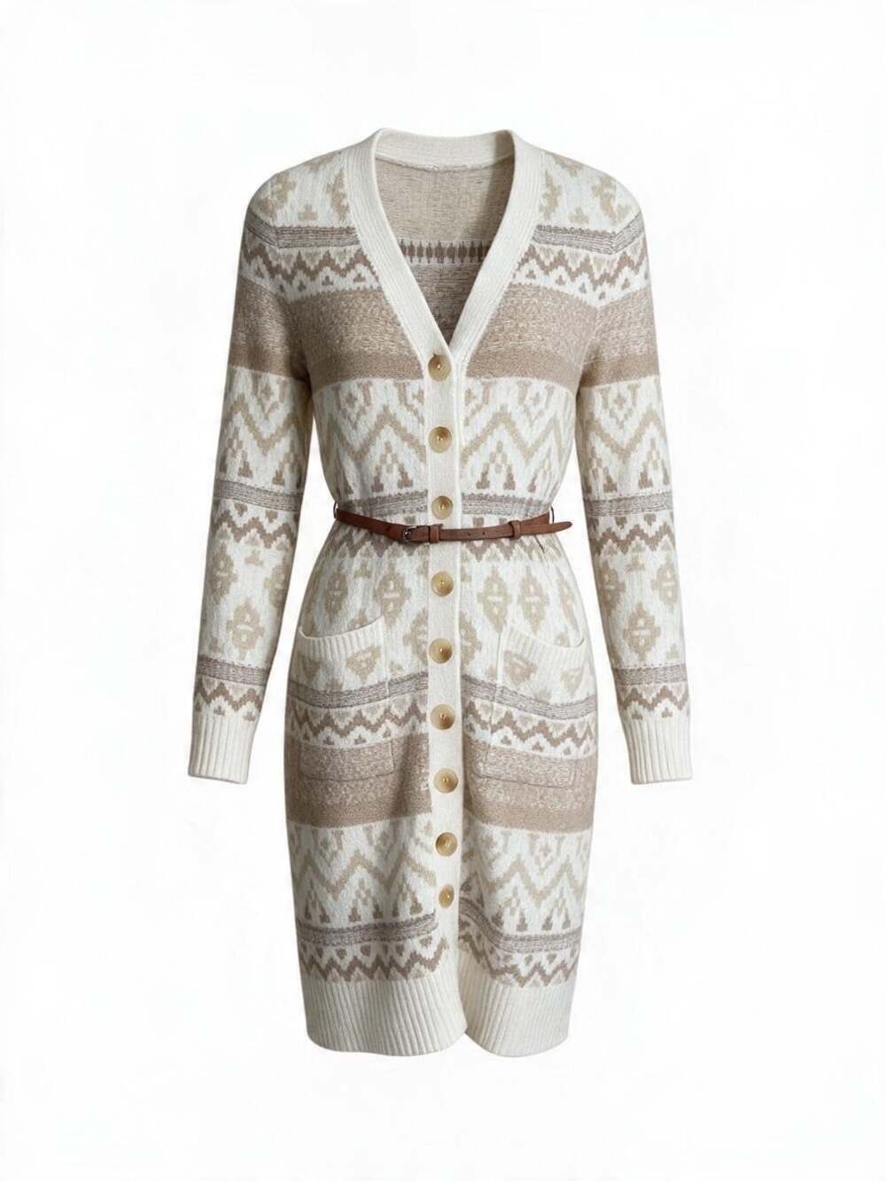 Pink Rose Ivory/Tan Combo Dress/Button Up Belted Cardigan Super Soft Size Lg NWT